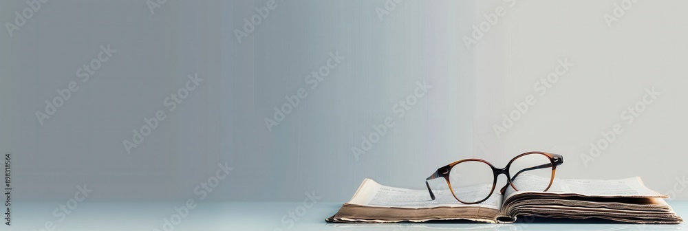 Fototapete a book with a pair of glasses sitting on it rests on a table in front of a pale gray background. gen