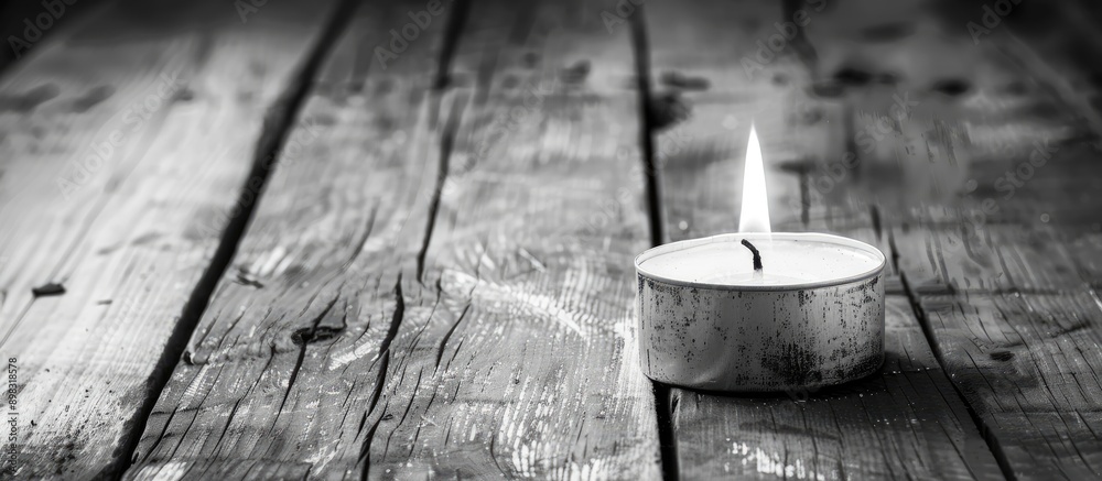 Aufkleber black and white image of a burning candle on a wooden background with ample copy space