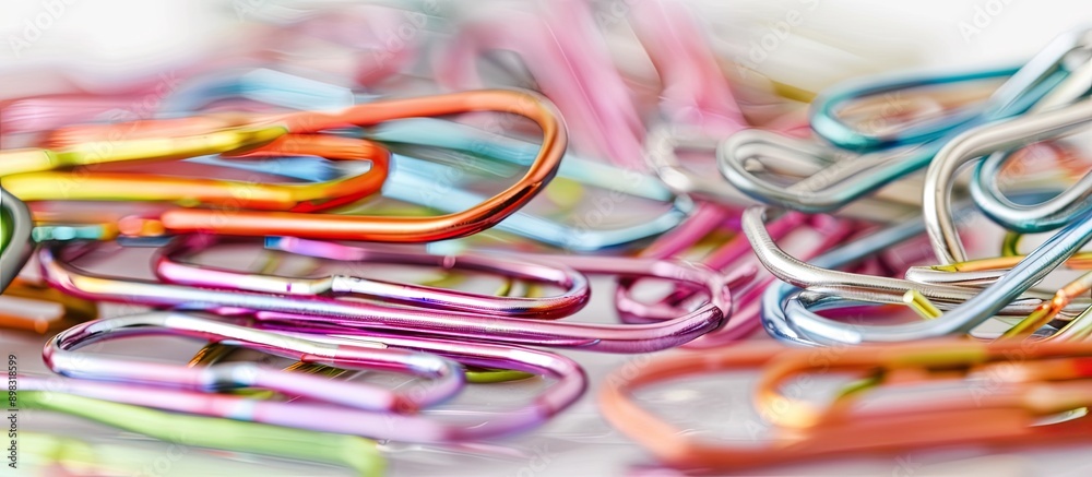 Poster Detailed close up of paper clips on a white background with ample copy space image available