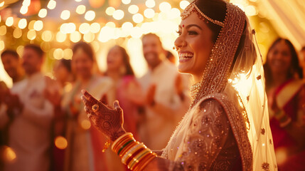 A joyful bride and groom dressed in traditional Indian wedding attire share a tender moment while dancing at their reception.