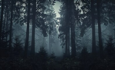 Fototapeta premium A dark, foggy forest with towering trees, creating a mysterious and eerie atmosphere.