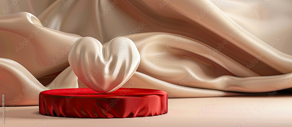 Poster Abstract brown pearl wave silk fabric texture background with an empty red heart shaped podium for copy space image