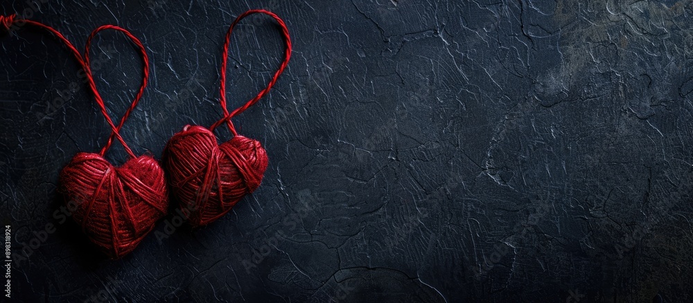 Poster Dark background with two linked hearts perfect for St Valentine s Day and wedding creating a romantic copy space image
