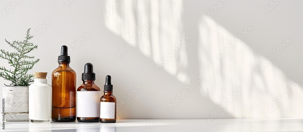 Poster Cosmetic bottles arranged on a white backdrop with copy space image