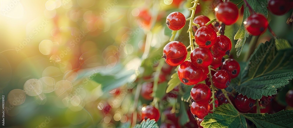 Aufkleber Close up of ripe red currant berries on a bush with a copy space image