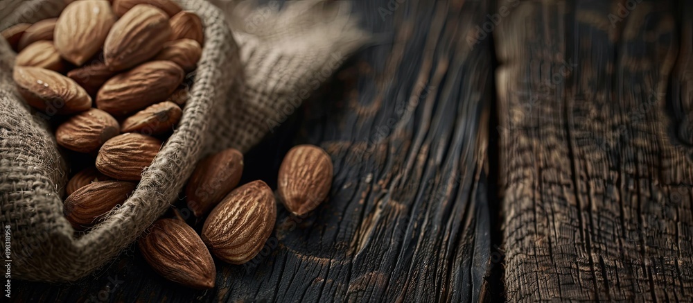 Poster almonds positioned on a dark wooden surface with a focus on their organic protein rich nature creati