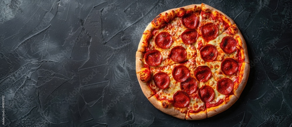 Poster delicious pepperoni pizza with fresh ingredients displayed on a black concrete backdrop top view sho