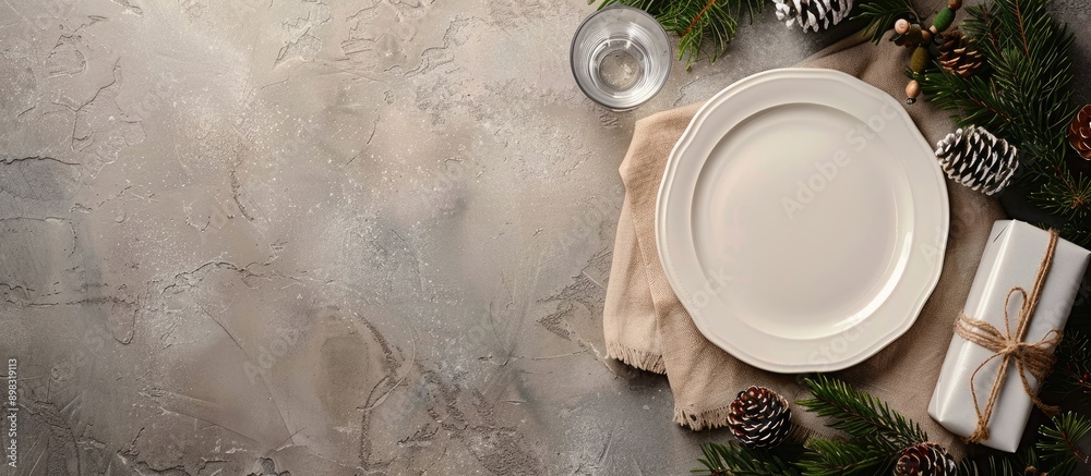 Poster top view of christmas table with a white plate glass presents and pine branch on a stone surface per