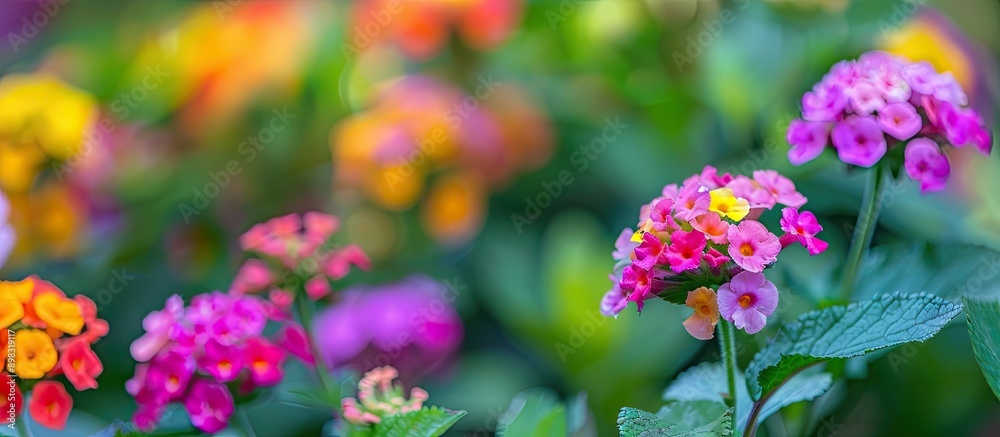 Poster close up photo of colorful lantana flowers a flowering shrub verbena in the garden provides a vibran