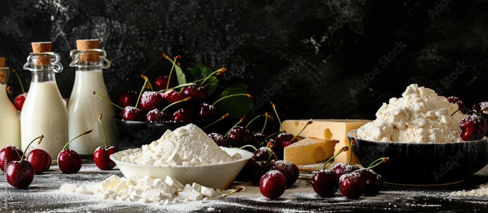 Leinwandbilder On a black backdrop display dairy products flour sugar and cherries with extra space for text or graphics creating a copy space image