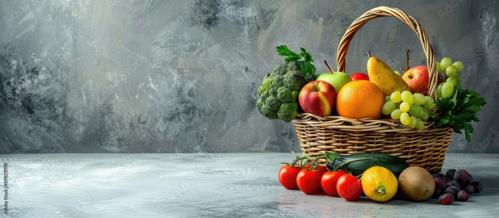 Poster Basket containing a variety of fresh fruits and vegetables placed on a gray table with a blank space for an image. Creative banner. Copyspace image