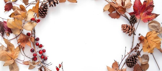 Circular autumn wreath made of dried leaves twigs rose hips and pine cones on a white background portraying a rustic and natural fall design with ample copy space for an image