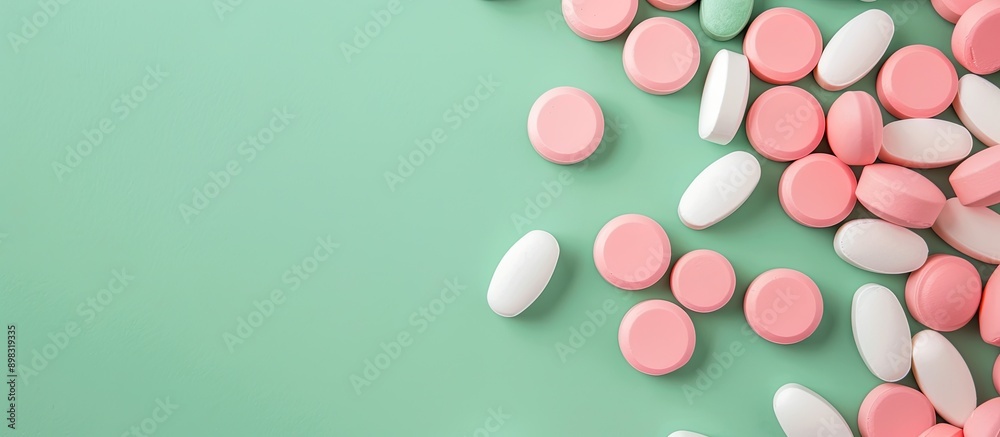 Poster bulk white and pink tablets on a green background with copy space image