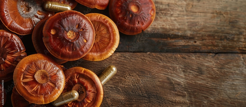 Poster Close up of Ling zhi and Ganoderma lucidum mushrooms with a capsule on a wooden table with a blank background for copy space image