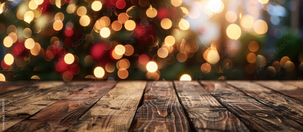 Poster Blurred background featuring a wooden table with ample copy space image for showcasing your product and a Christmas tree