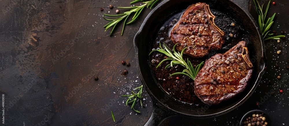 Poster Cooking steak on a cast iron pan set against a background with ample copy space image