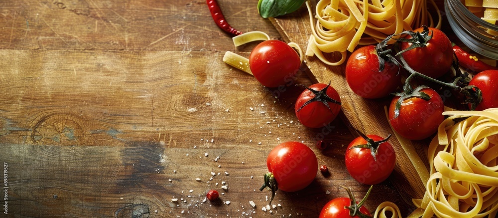 Aufkleber composition of textures featuring fresh ingredients like cherry tomatoes chili peppers and egg pasta