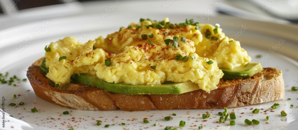 Poster a delectable breakfast choice showcasing toast topped with creamy avocado gooey melted cheese and fl