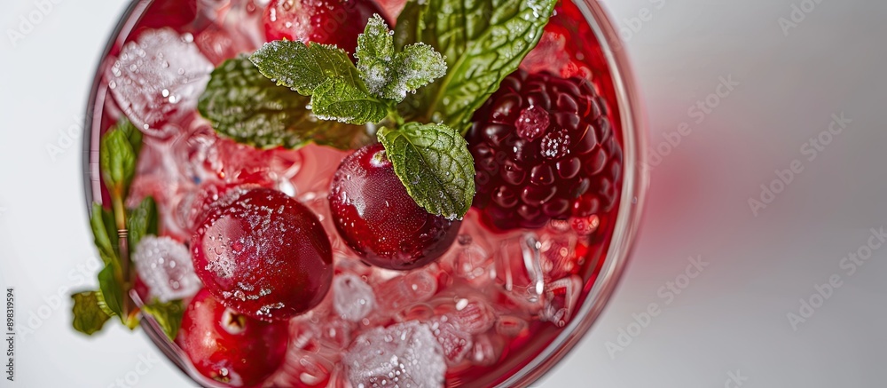 Poster Top view of a chilled cocktail garnished with cranberries raspberries and mint in red stemware perfect for a copy space image