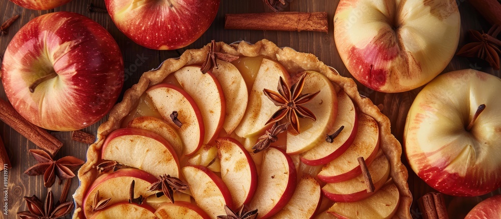 Poster close up top view of a homemade fruit tart showcasing golden crust whole and halved apples cinnamon 