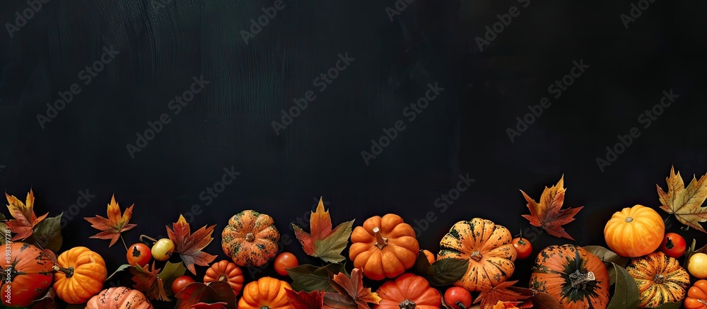 Fototapete autumn display of colorful pumpkins and leaves against a black backdrop with space for text in the i