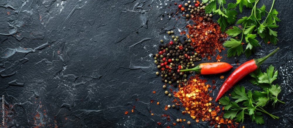 Poster top view of an array of vibrant spices like chili flakes mixed pepper parsley herbs and red paprika 