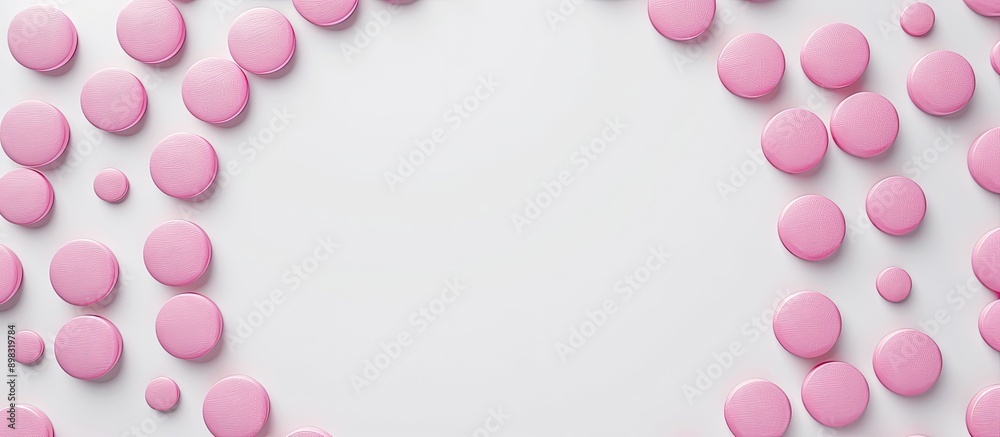Poster circular framed pink pill forming a creative healthcare and medicine concept displayed on a white ba
