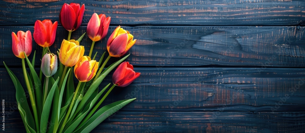 Aufkleber Top view of colorful tulips on a dark wooden surface offering a space for text within the image. Creative banner. Copyspace image