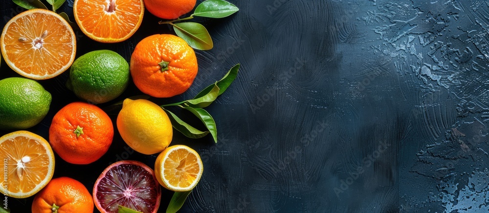 Aufkleber Citrus fruits like tangerines lemons limes oranges and grapefruits arranged on a dark table with space for text in the image. Creative banner. Copyspace image