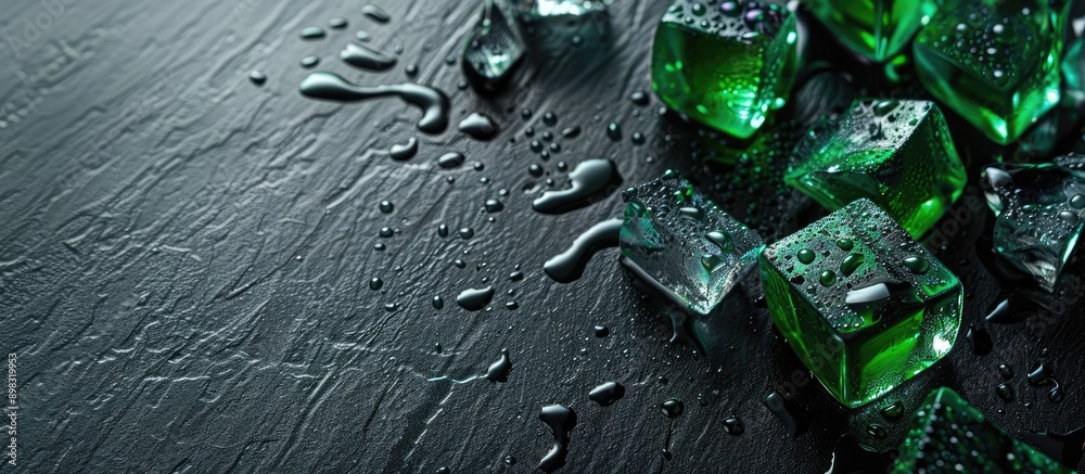 Aufkleber a black table acts as a backdrop for vivid green ice cubes in the copy space image