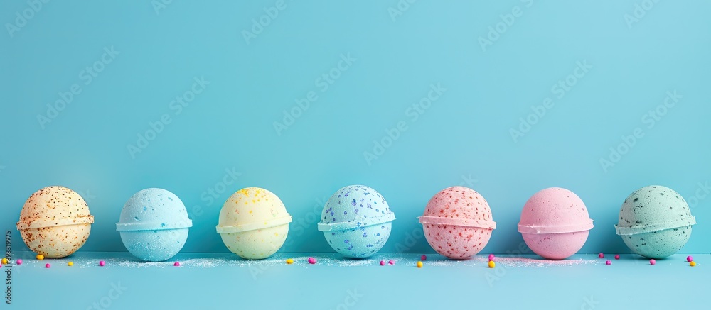 Poster bath bombs displayed against a blue backdrop with copy space image