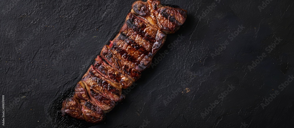 Poster top view of a bbq strip new york steak on a black background with copy space image