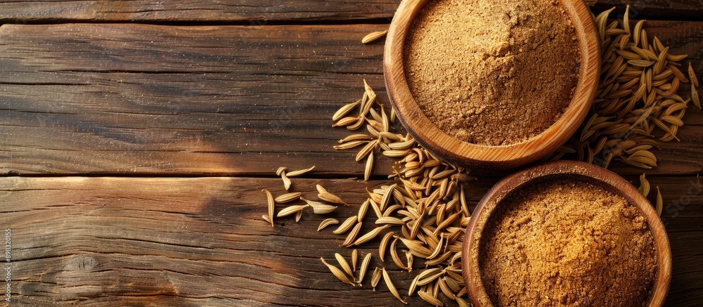 Poster caraway powder and seeds from persia displayed on a wooden table with room for text in the image. cr