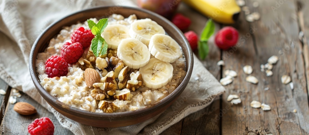Leinwandbilder Delicious oatmeal with a mix of fruits and nuts displayed in a bowl on a rustic wooden surface creating room for a caption in the image. Creative banner. Copyspace image