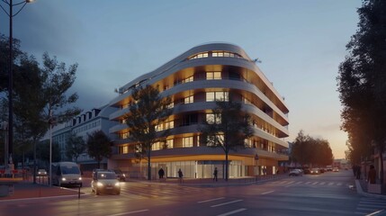 A modern building with curved, sleek design, illuminated warmly at twilight, with people and vehicles moving along the urban streets, capturing a contemporary city vibe.