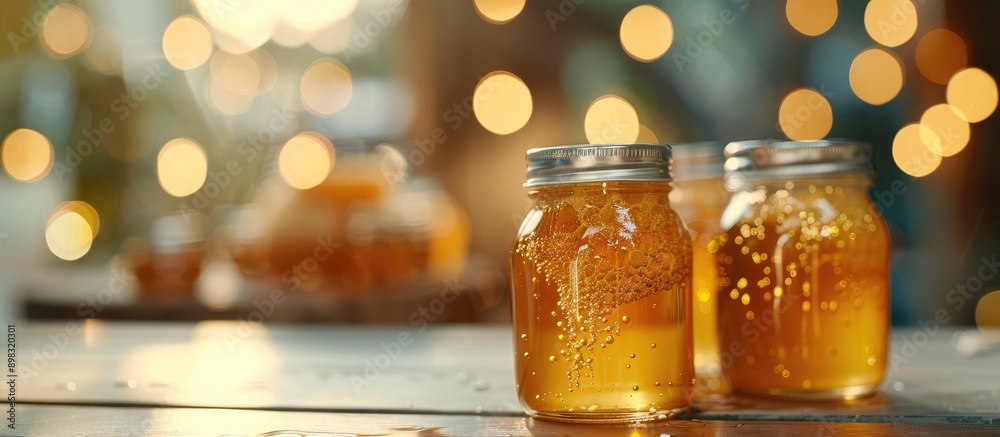 Poster Blurry lights create a soft backdrop for glass jars filled with delicious honey on a table offering a perfect copy space image