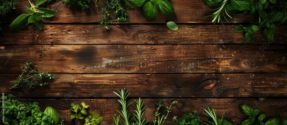 Poster top down view of freshly picked garden herbs on a wooden surface with space for text or images. crea