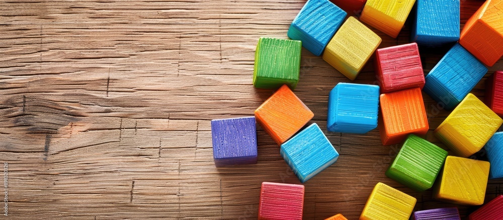 Poster colorful toy blocks arranged on a wooden floor with a copy space image available