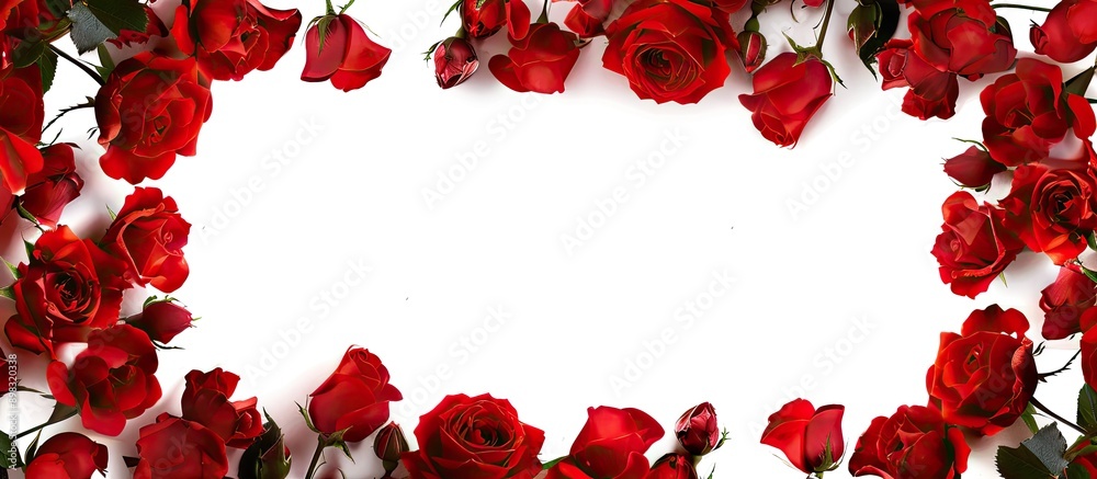 Poster A border made of fresh red roses surrounding a copy space image on a white background