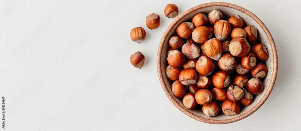 Aufkleber Top down view of hazelnuts in ceramic container against white backdrop with space for adding text or images. Creative banner. Copyspace image