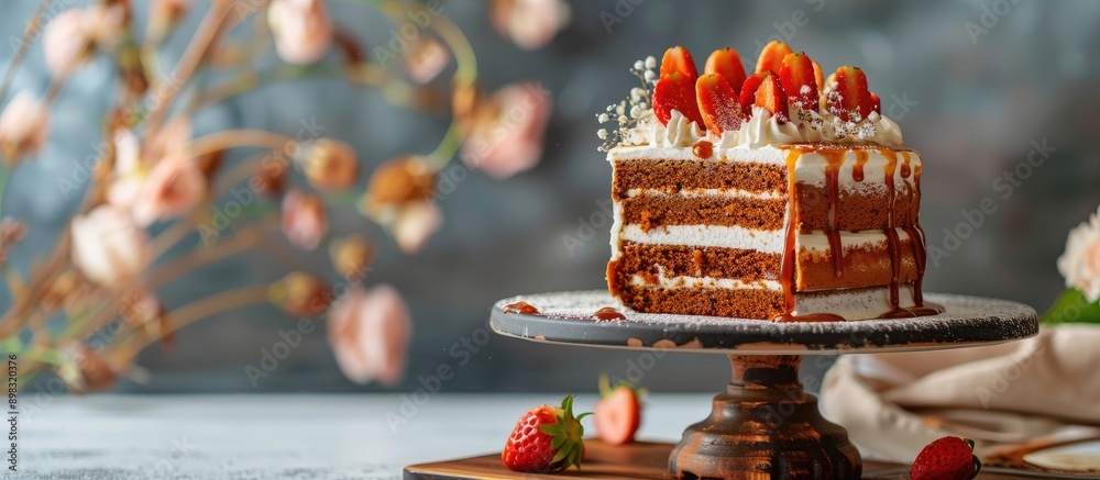 Poster colorful background enhances dessert stand with delectable caramel cake creating an appealing displa