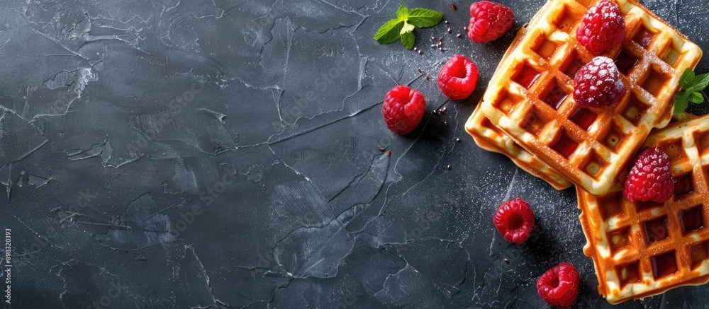 Poster Top view of Belgian waffles on a menu concept background with copy space image for text perfect for showcasing a sweet dessert option with organic and healthy eating connotations