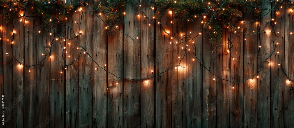 Leinwandbilder Christmas lights are illuminated against a rustic wooden backdrop in the image with available copy space
