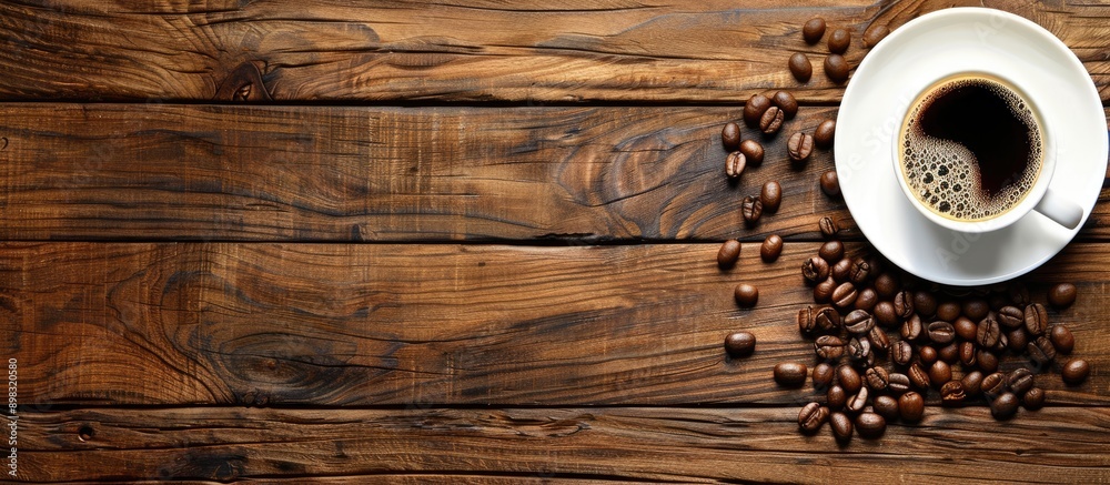 Leinwandbilder top view of a coffee cup and beans on a wooden table with background suitable for additional text or