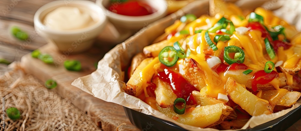 Poster classic american lunch or snack favorite featuring deep fried potatoes topped with cheese and pepper