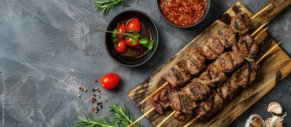 Poster top view of a beef kebab on a cutting board with bbq seasoning tomato and spices on a gray backgroun