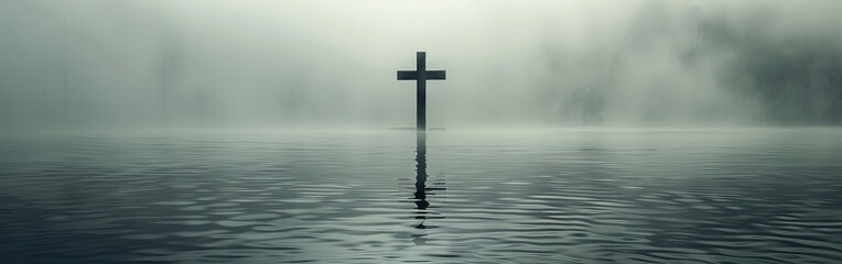 Naklejka premium Solitary Cross Over Misty Water at Dawn
