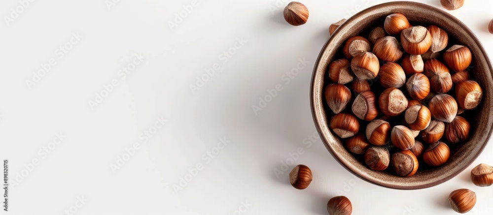 Aufkleber Top down view of hazelnuts in ceramic container against white backdrop with space for adding text or images. Creative banner. Copyspace image