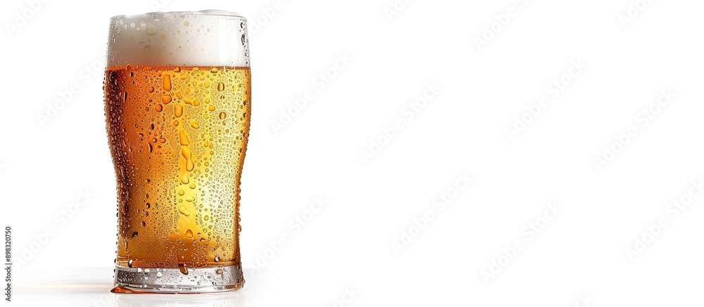 Poster close up of a frosty craft beer pint in a glass isolated against a white background with water dropl