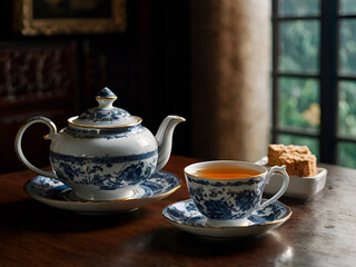 Fototapeta premium A scene where a luxurious tea blend, such as Earl Grey or Darjeeling, is served in an elegant teahouse.
